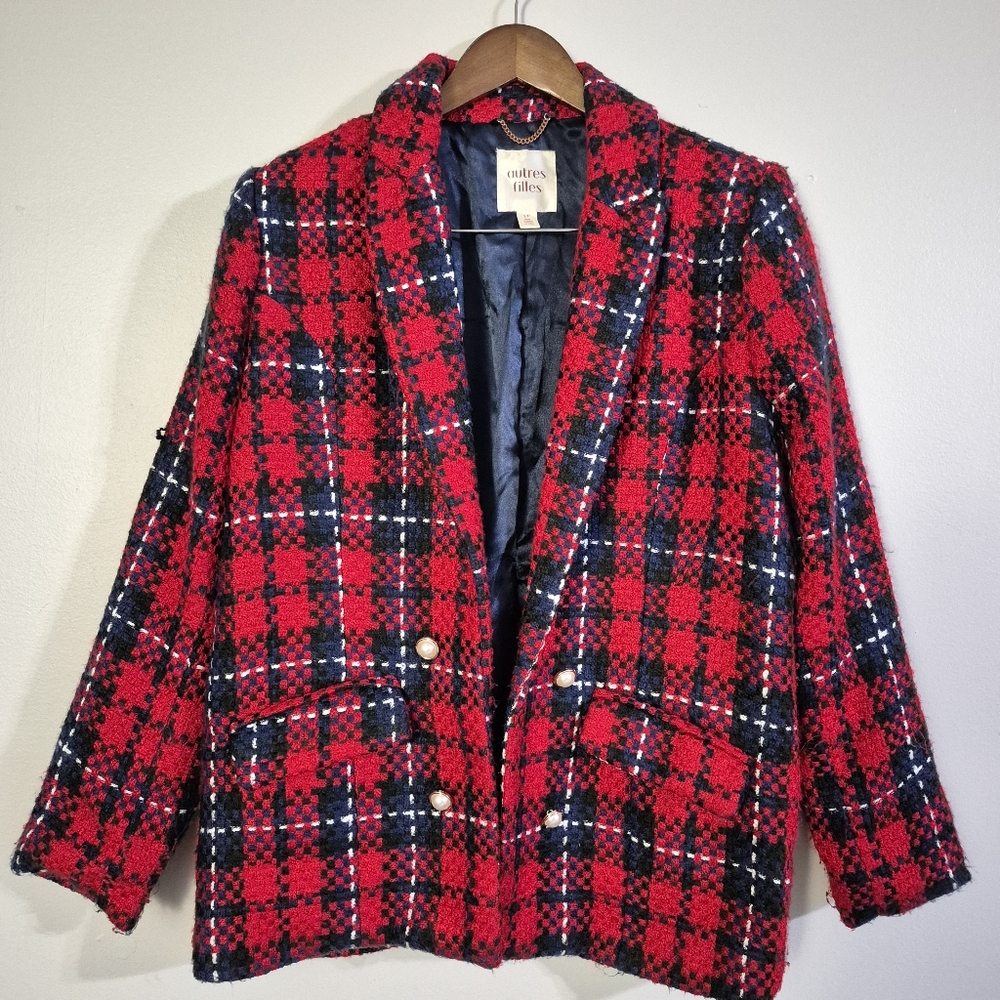 Autres Filles Boucle Red Navy Lined Plaid Open Front Jacket Small